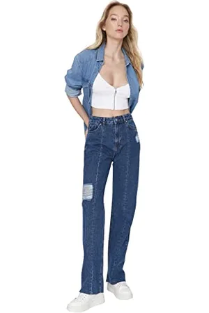 Trendyol Damen Herren Basic Hoher Bund Weites Bein der 90er Jeans, Dunkelblau, 36 EU