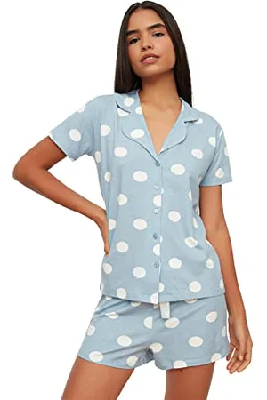 Trendyol Damen Tupfen Gestrickte Pyjamas Pajama Set Pink polka dot knitted pajamas, , L