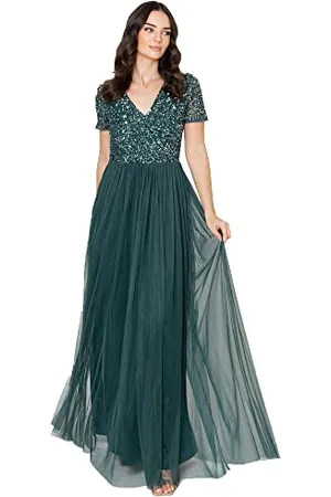 Maya Deluxe Abendkleid mit Pailletten Cocktailkleid Damen mit V-Ausschnitt Tüllkleid Smaragdgrün Größe 54