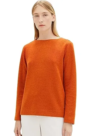TOM TAILOR Damen 1039278 Sweatshirt mit Rippstruktur, 32403-gold Flame orange Melange, L