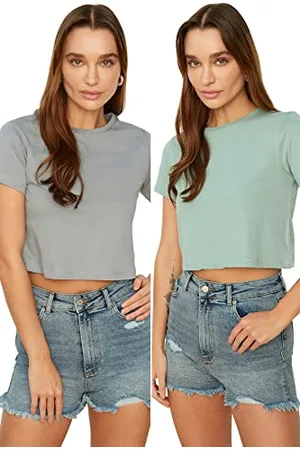 Trendyol Damen - Beg 100% katoen ronde kraag 2 pack crop gebreid T-shirt T Shirt, , S EU