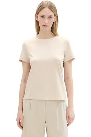 TOM TAILOR Damen 1043695 Basic T-Shirt mit Logo-Print, 12365-Dusty Beige, M