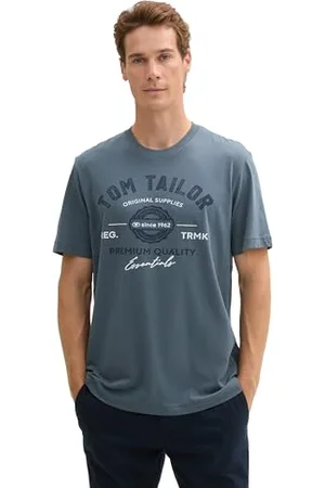 TOM TAILOR Herren T-Shirt mit Logo-Print aus Baumwolle, stormy blue, M