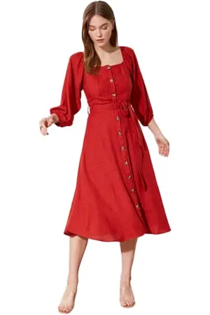 Trendyol Damen With a Belt Button Dress, Cinnamon, 36 EU