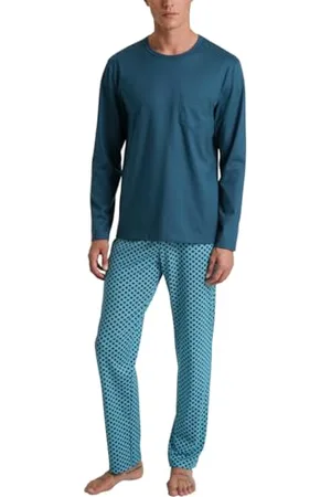 Calida Relax Imprint Pyjama, lang Herren, aus 100% Baumwolle, Hose mit stoffbezogenem Gummibund