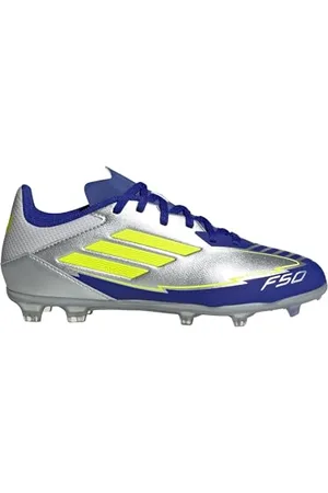 adidas F50 League Football Boots Firm Ground Fußballschuhe, Silver Metallic/Solar Yellow/Lucid Blue, 21 EU