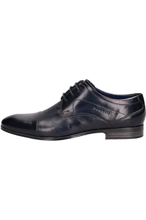 Bugatti Herren Klassischer Business Halbschuh aus Leder, Derby mit Querkappe und Perforation, Dark Blue, 42 EU