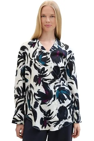 TOM TAILOR Damen Basic Oversized Bluse mit Leinen, dark blue floral design, 38