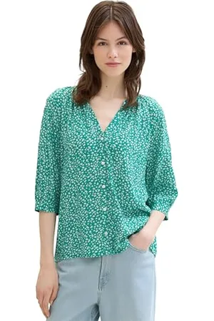 TOM TAILOR Damen Basic Bluse mit Ballonenärmeln, green minimal print, L