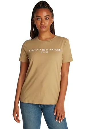 Tommy Hilfiger Damen T-Shirt Kurzarm Logo Rundhalsausschnitt, Beige (Safari Canvas), XL