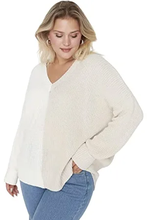 Trendyol Damen V-Ausschnitt Colorblock Regular Plus Size Sweater Sweatshirt, , XL