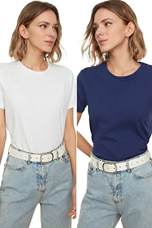 Trendyol Damen - 100% Baumwolle Suprem Bike Collar 2 Paket gestricktes T-Shirt - T-Shirt, , S