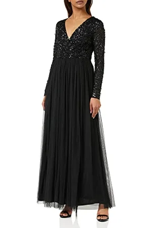 Maya Deluxe Damen Ladies Maxi Dress Women with Long Sleeves V Neckline Plunging Sequin Embellished for Wedding Guest Bridesmaid Prom Kleid, Black, 36