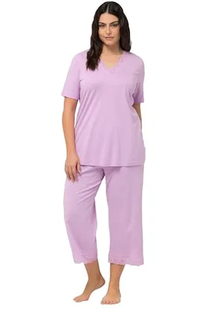 Ulla Popken Damen Pyjama, Lochstickerei, V-Ausschnitt, Halbarm, Modalmix Pyjamaset, , 42-44