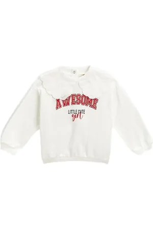 Koton Babygirl Peter Pan Neck Sweatshirt Back Snap Closure Printed Brushed Interior