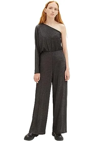 TOM TAILOR Damen Glitzer Lurex One-Shoulder Jumpsuit , black glitter, XXL