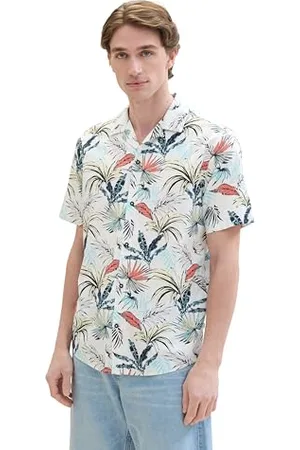 TOM TAILOR Herren Regular Fit Hemd mit Sommer-Allover-Print, white tropical leaf design, L