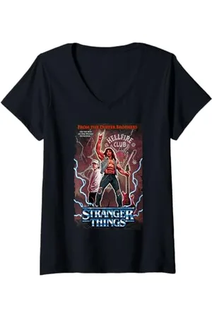 Stranger Things Damen Remix Eddie Hellfire Club Kunstposter T-Shirt mit V-Ausschnitt