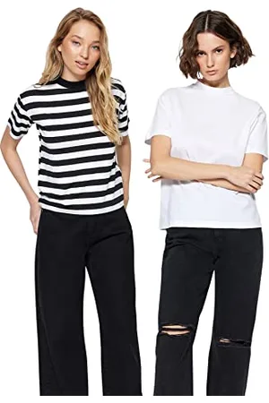 Trendyol Schwarz-Weiß-Steiler-Kragen 2-Paket Basic gestricktes T-Shirt, schwarz und weiß