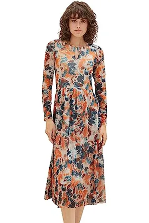 TOM TAILOR Damen 1037927 Mesh Kleid mit Muster, 32367-grey orange tie dye floral, 38