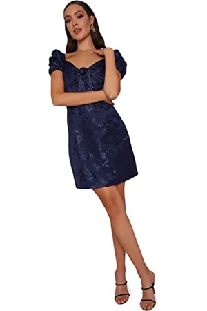 Chi Chi London Damen Figurbetontes Midikleid mit Puffärmeln, Jacquard in Marineblau Cocktailkleid, , 38