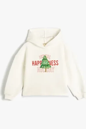 Koton Girls Christmas Themed Hoodie Long Sleeve Glittery Detail Soft Interior