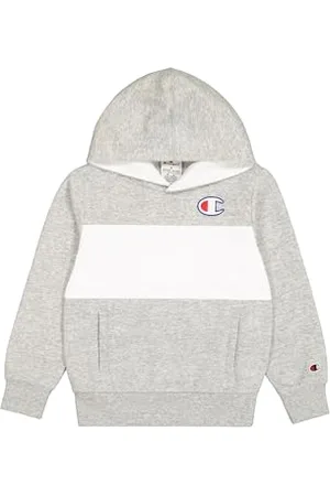 Champion Legacy Retro Sport B (306849) – Ultraleichter, weicher, kompakter Fleece-Farbblock-Hoodie, Grau Melange/Weiß (NOXM/WHT), 5–6 Jahre (XS), Jungen FW24