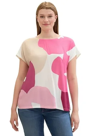TOM TAILOR Damen Plussize Basic Kurzarm-Shirt mit Print, Dove White, 50