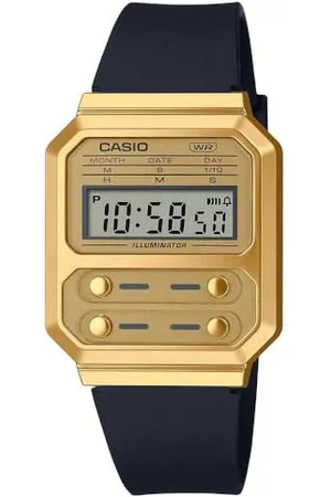 Casio Unisex Quartz Armbanduhr, 40.70mm GehäusegröÃŸe mit Gold digital Zifferblatt und Plastic/Resin Strap Armband A100WEFG-9AEF