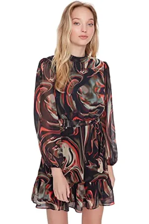 Trendyol Damen Woman Mini Skater V-ausschnitt Webstoff Kleid, Grün, 34 EU