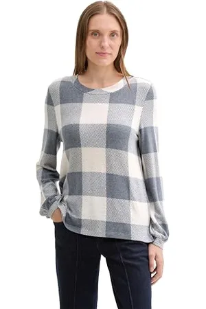 TOM TAILOR Damen 1043154 Basic Longsleeve mit Karomuster, 36150-Cosy Navy Print Check, XXL
