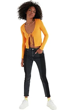 Trendyol Schwarze Farbe blockiert hohe Taille Slim Fit Jeans, , 36