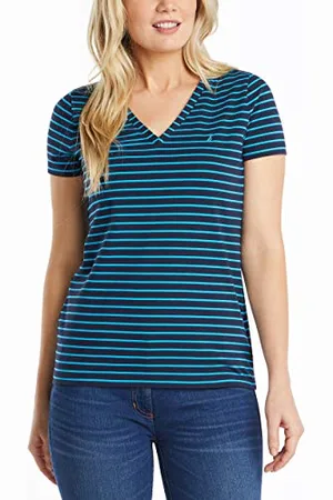 Nautica Damen Easy Comfort V-Neck Striped Supersoft Stretch Cotton T-Shirt, , Groß