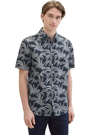 TOM TAILOR Herren Regular Fit Hemd mit Allover-Print, navy brushed leaf design, S