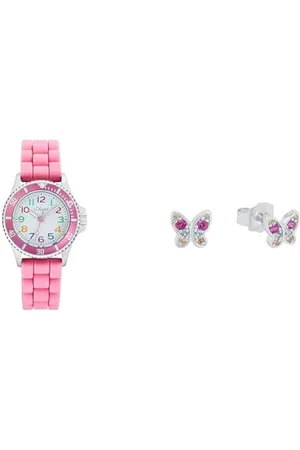 QS by s.Oliver Armbanduhr Rosa mit passenden Schmetterlings-Ohrstecker für Mädchen aus 925 Sterling Silber, Kinderschmuck, Ohrschmuck