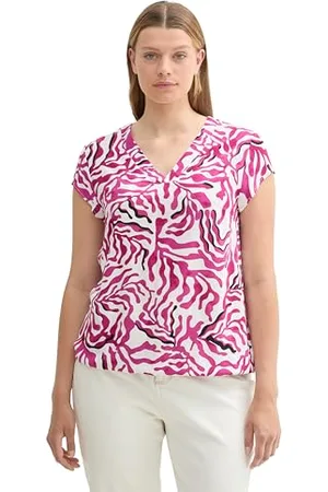TOM TAILOR Damen Plussize Basic Kurzarm-Bluse mit Allover Print, pink cut palmtree design, 50
