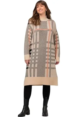 Ulla Popken Damen Strickkleid Stehkragen Karo Kleider, , 54-56