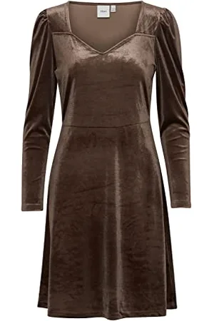 Ichi IHLAVANNY DR2 Damen Freizeitkleid Kleid Minikleid Samt Herzausschnitt Langarm Regular-Fit, Größe:L, Farbe: