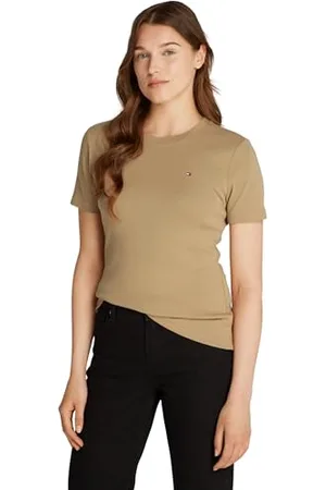 Tommy Hilfiger Damen T-Shirt Kurzarm Slim Cody Rundhalsausschnitt, Beige (Safari Canvas), S