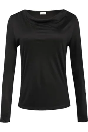 QS by s.Oliver S.Oliver Schwarz LABEL Damen 2157131 Langarmshirt mit Wasserfall-Ausschnitt, , 38