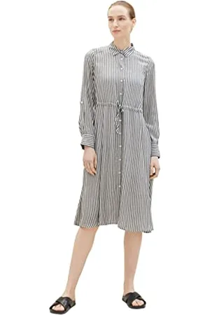 TOM TAILOR Damen 1037932 Kleid mit Streifen & Knopfleiste, 32595-navy White Dobby Stripe, 42