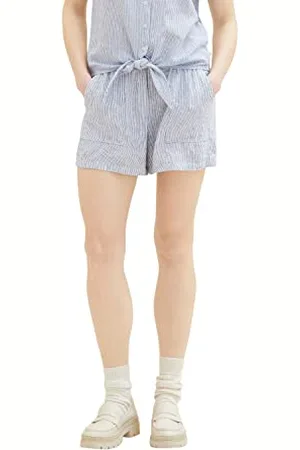 TOM TAILOR Damen 1036520 Basic Shorts aus Leinen, 31715-White Blue Vertical Stripe, L