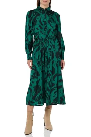 Kaffe Damen Hemdkleid Langarm Taschen Gürtel Midi Länge Casual Fit Kleid, Schwarz/Aventurin Leo, 42