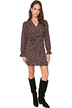Trendyol Damen Woman Midi Bodycon Stehkragen Webstoff Kleid, Black, M