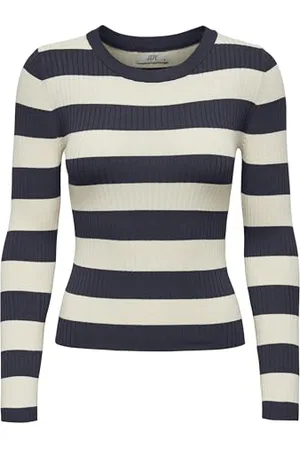 JDY Damen Gestreifter Langarm Strickpullover Striped Oberteil Gerippt Basic Knit Sweater Top PLUM, Farben: , Größe:M