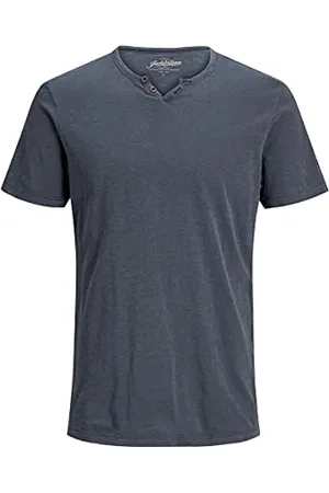 JACK & JONES Herren Basic T-Shirt V-Ausschnitt Kurzarm Jersey Baumwolle Shirt mit Knöpfen JJESPLIT, Farben:Navy, Größe:S