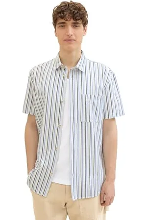 TOM TAILOR Herren Regular Fit Kurzarm-Hemd mit Streifen-Muster, regular navy green blue stripe, M