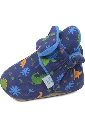 Dotty Fish Baby Stiefel für den Winter - Warme, rutschfeste Krabbelschuhe aus Baumwolle mit Wildeledersohle. Marineblau mit Dinosauriern. 6-12 Monate