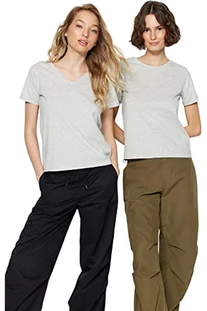 Trendyol Damen Suprem V-ausschnitt und Rundes Kragen 2 Packung Basic Gestricktes T-shirt T-Shirt Western, , L