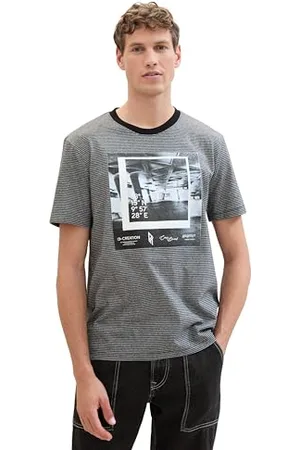 TOM TAILOR Herren Basic T-Shirt mit Foto-Print und Streifen, , XXL